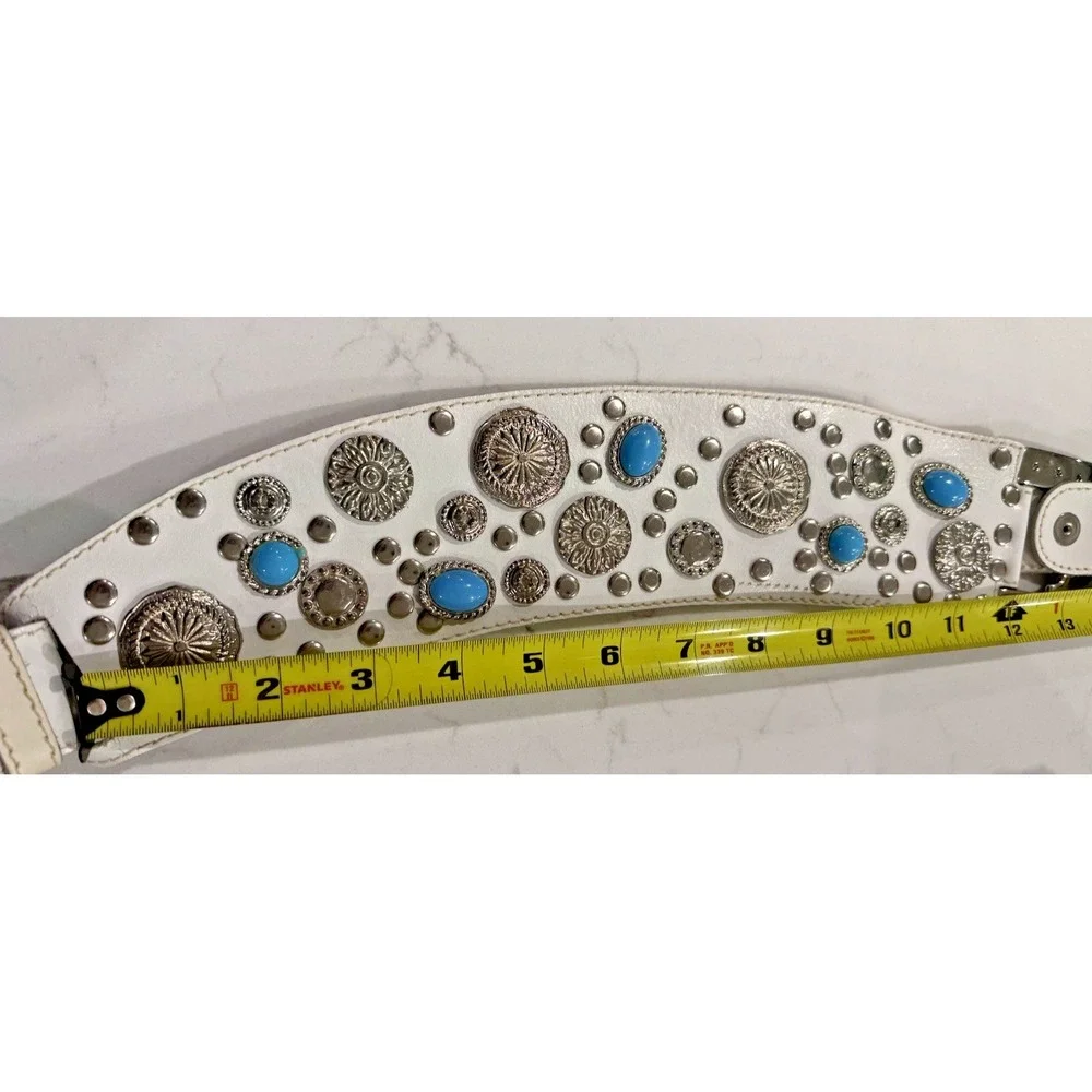 Rare Vintage White Leather Turquoise & Medallion Belt Womens OSFM Southwest